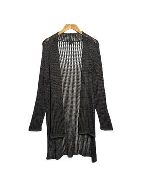 Eileen Fisher Mesh Metallic Knit Open Cardigan Hi-Lo in Black/Gold - Size XL